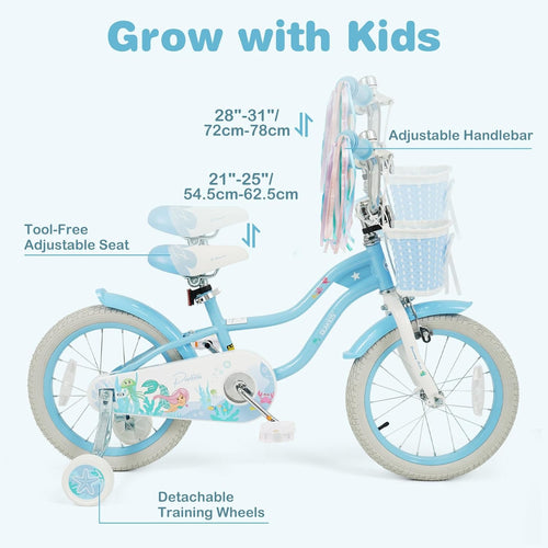 Olakids Kids Bike, 12 14 16 18 20 Inch Mermaid Theme Girls Bicycle with Training Wheels