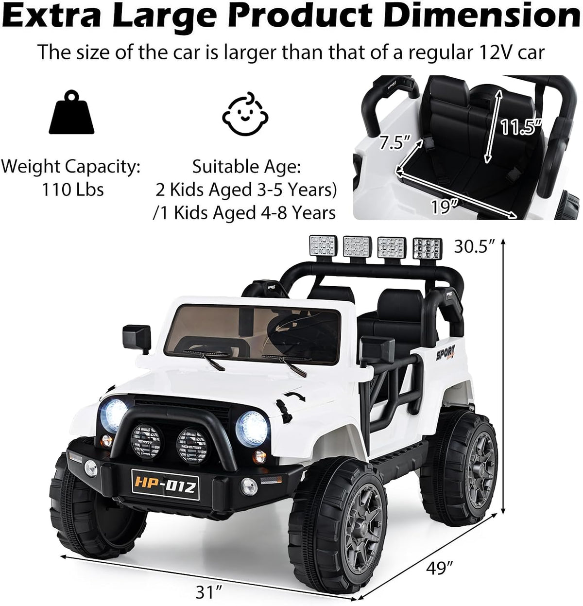 OLAKIDS 2 Seater Ride on Truck, 12V Battery Powered Electric Vehicle for Kids with Remote Control