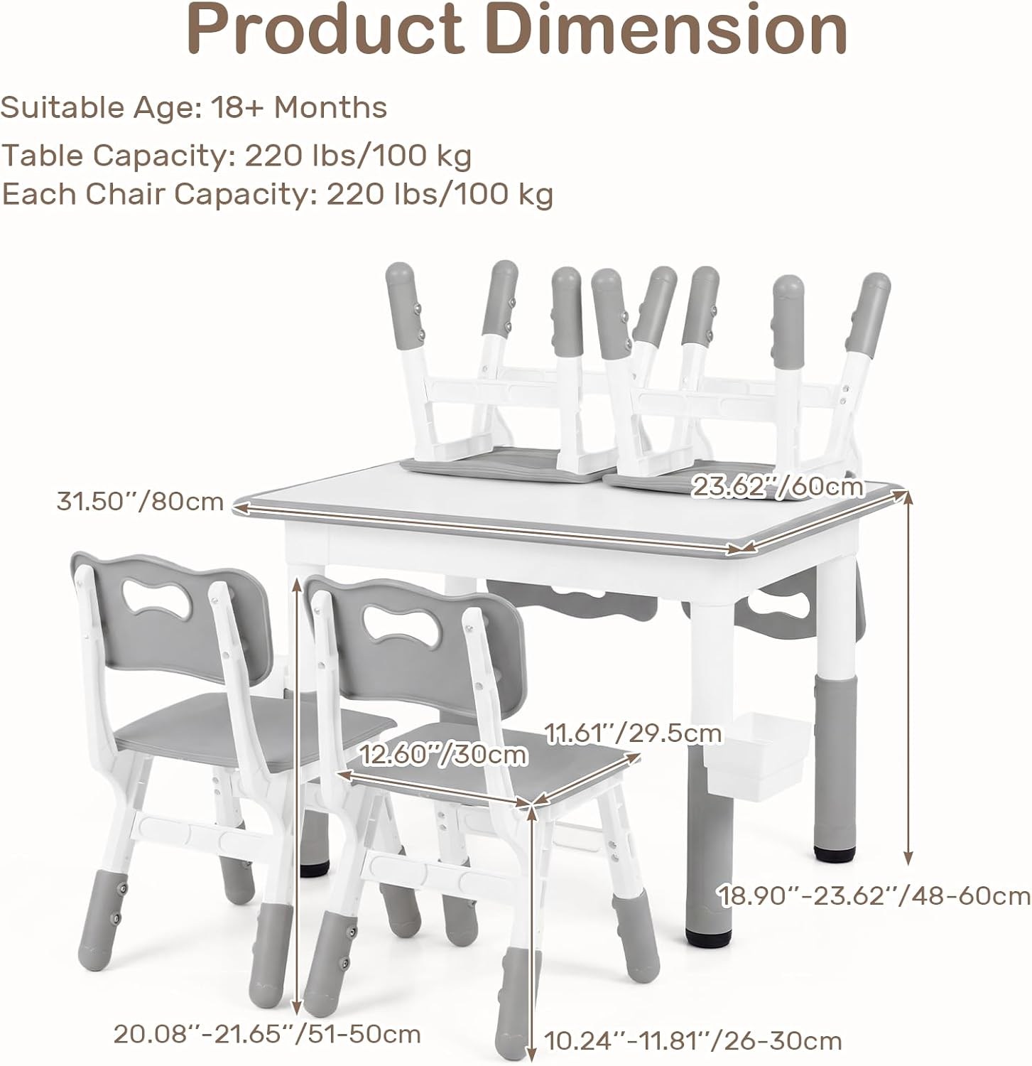 Olakids Kids Table and 4 Chairs Set, Height Adjustable Children Activity Desk for Learning Dining Arts Crafts