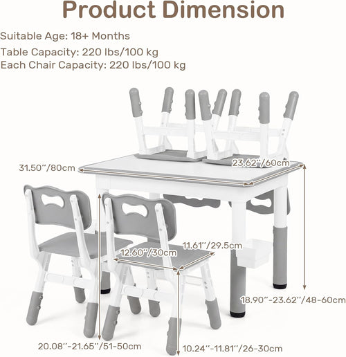 Olakids Kids Table and 4 Chairs Set, Height Adjustable Children Activity Desk for Learning Dining Arts Crafts