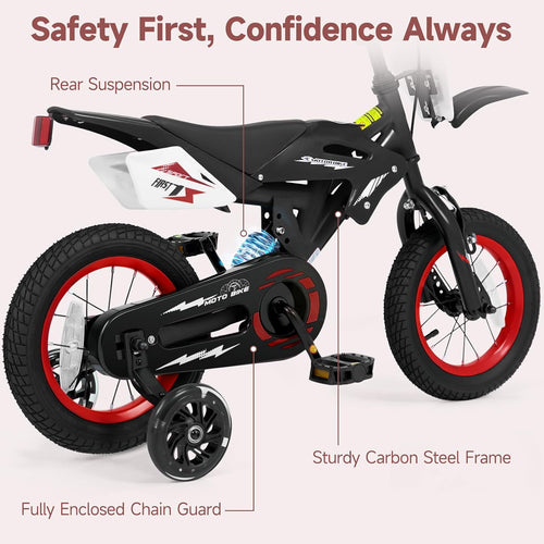 Olakids 12/16 Inch Motorcycle Kids BMX Bike with Light Training Wheels & Suspension
