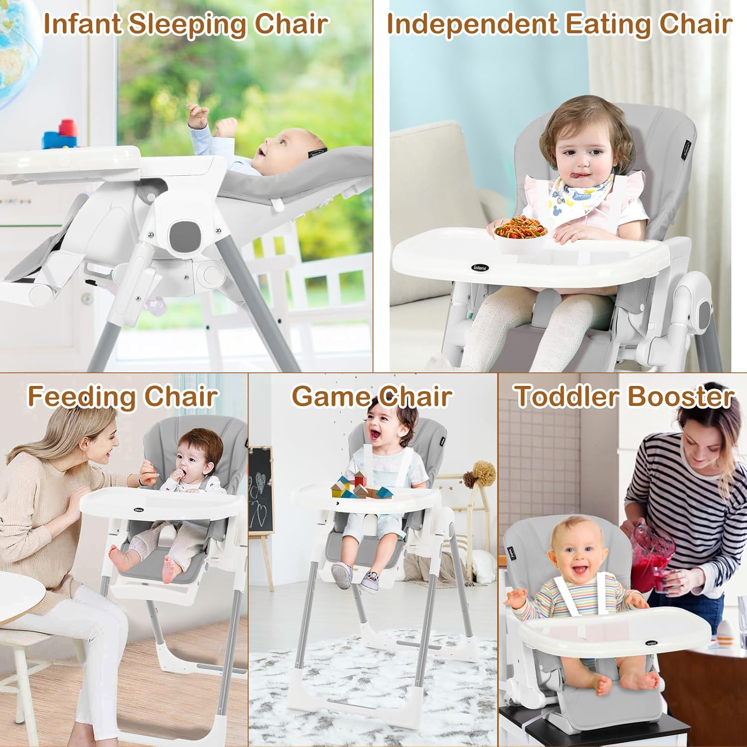 INFANS 4 in 1 High Chair–Booster Seat, Convertible Highchair, Installation-Free,Simple Fold for Baby, Infant& Toddler