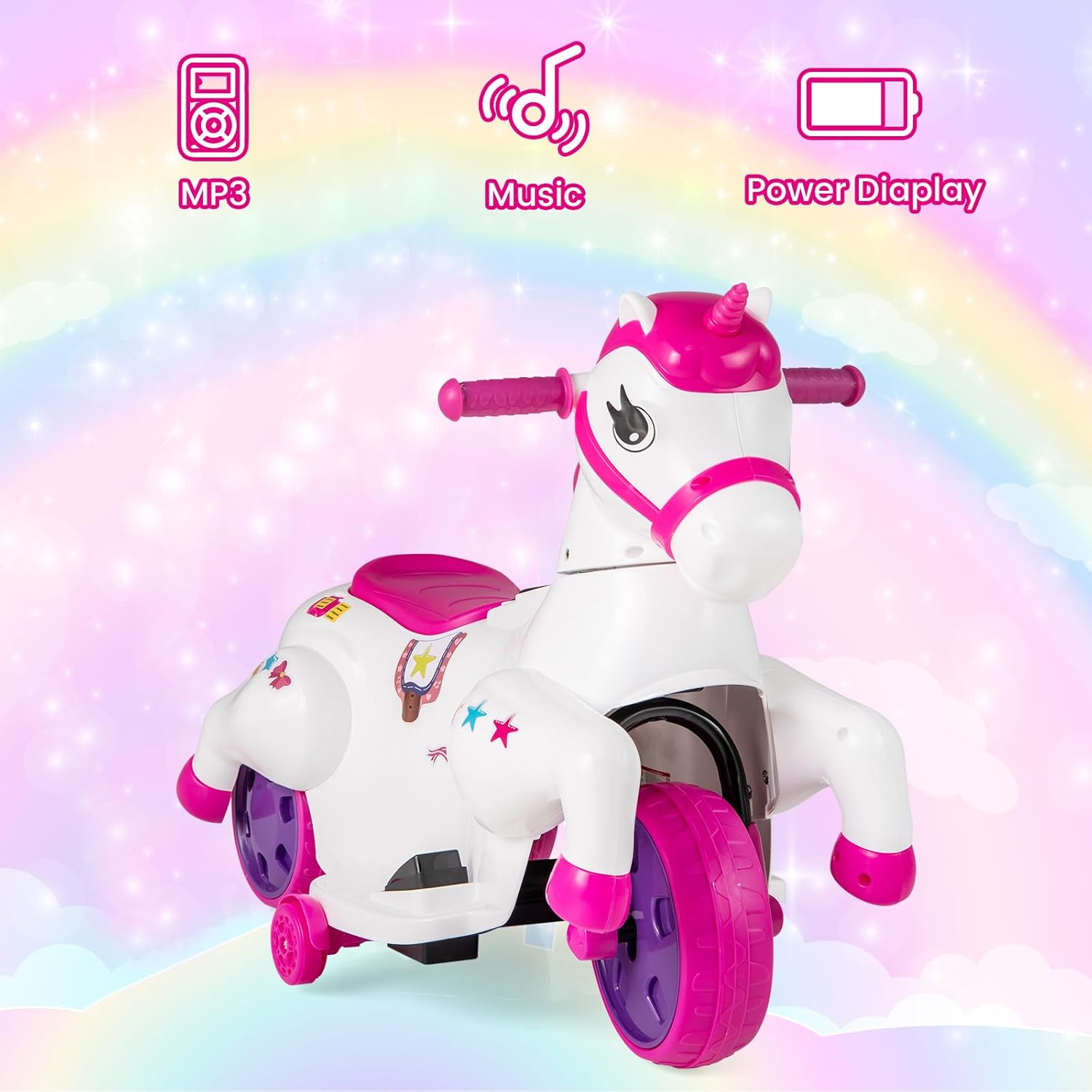 OLAKIDS 2 in 1 Ride on Motorcycle and Horse, Unicorn 6V Battery Powered Ride on Toy  Aged 3-6 Years