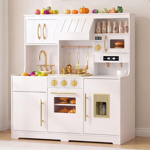 OLAKIDS Wooden Toy Kitchen Set with Lights Sounds Ice Machine Coffee Maker 12Pcs Accessories for Kids Ages 3+