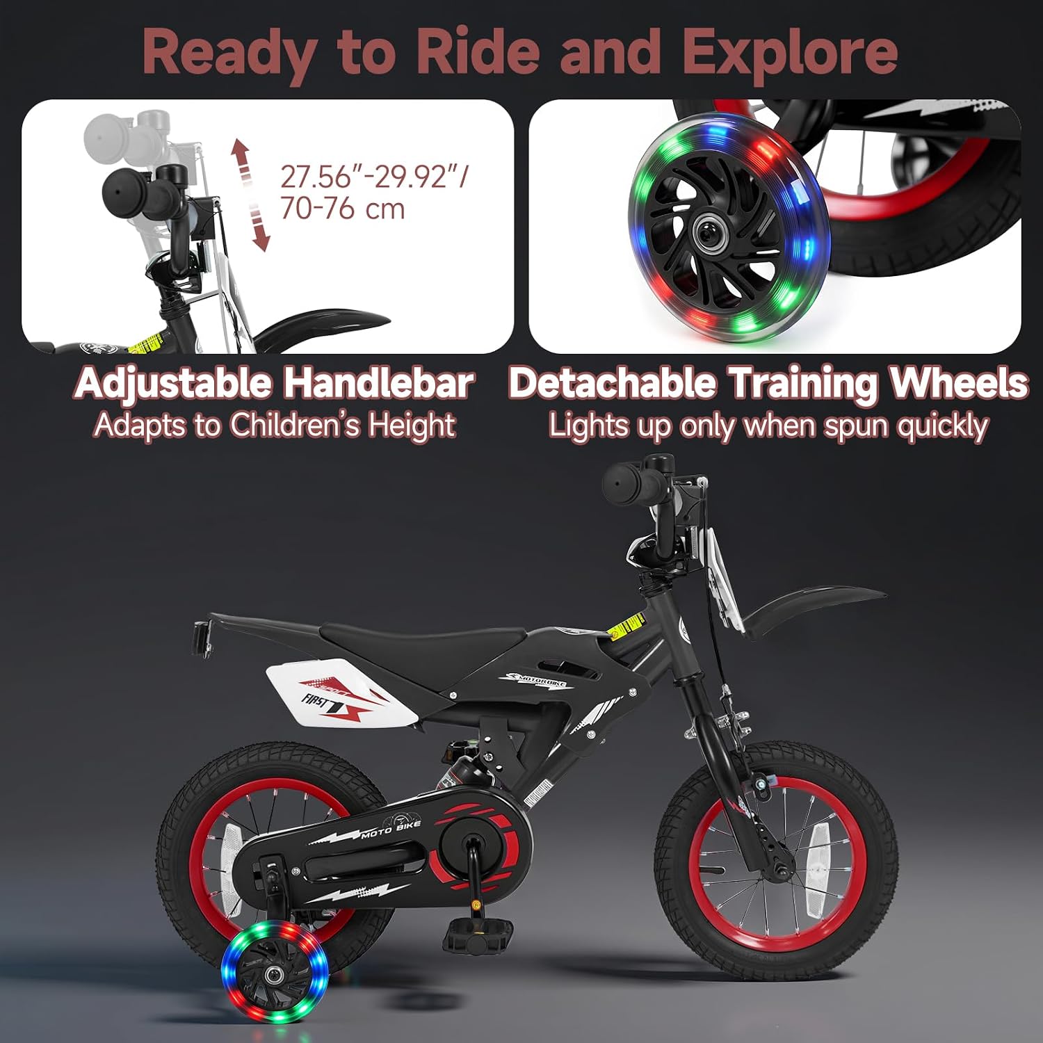 Olakids 12/16 Inch Motorcycle Kids BMX Bike with Light Training Wheels & Suspension