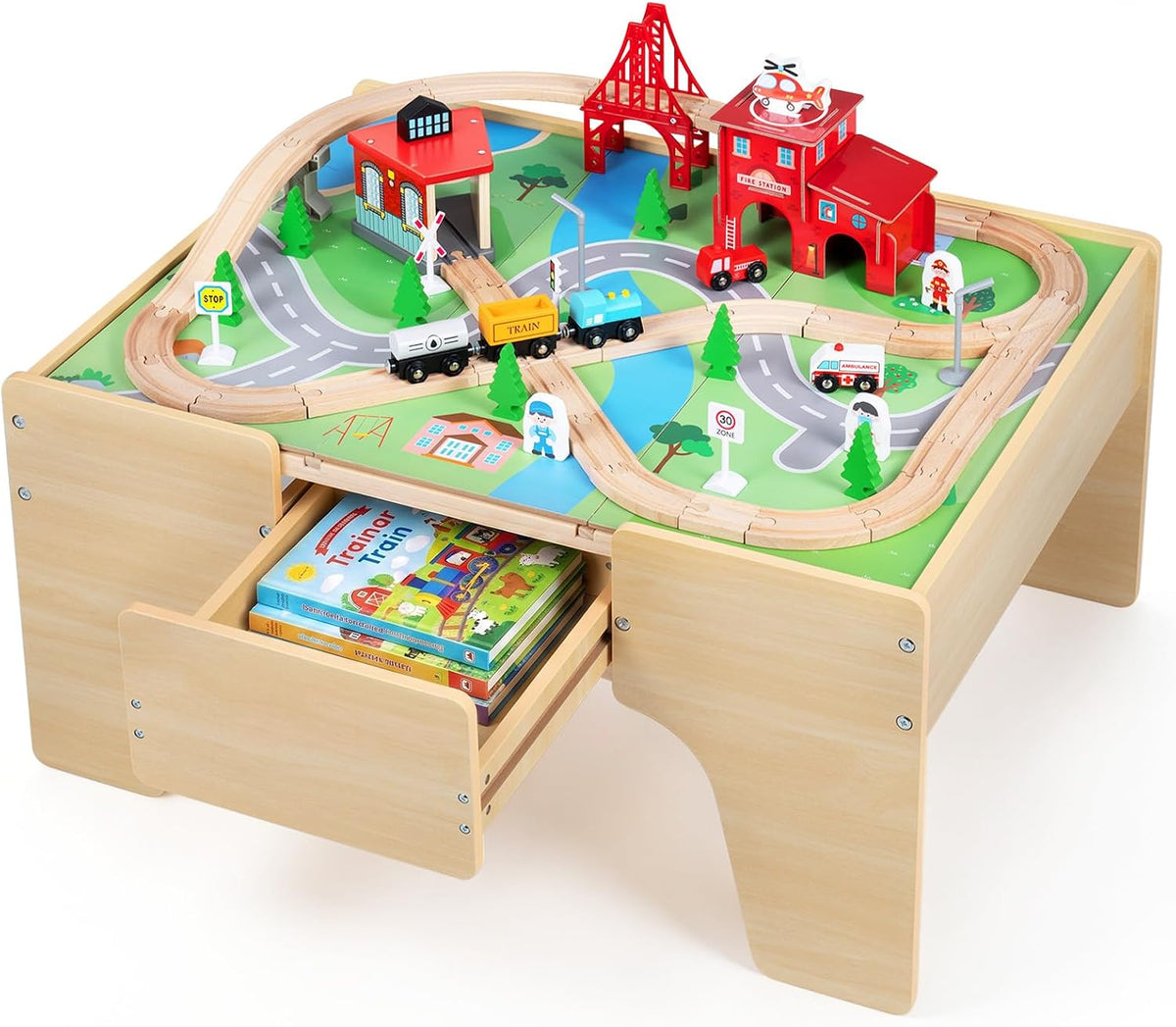 OLAKIDS Train Table, 63 PCS Wooden Kids Activity Toy with Storage Drawer