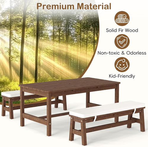 Olakids Kids Picnic Table, Outdoor Wooden Bench Set with Removable Cushions Adjustable Foldable Umbrella