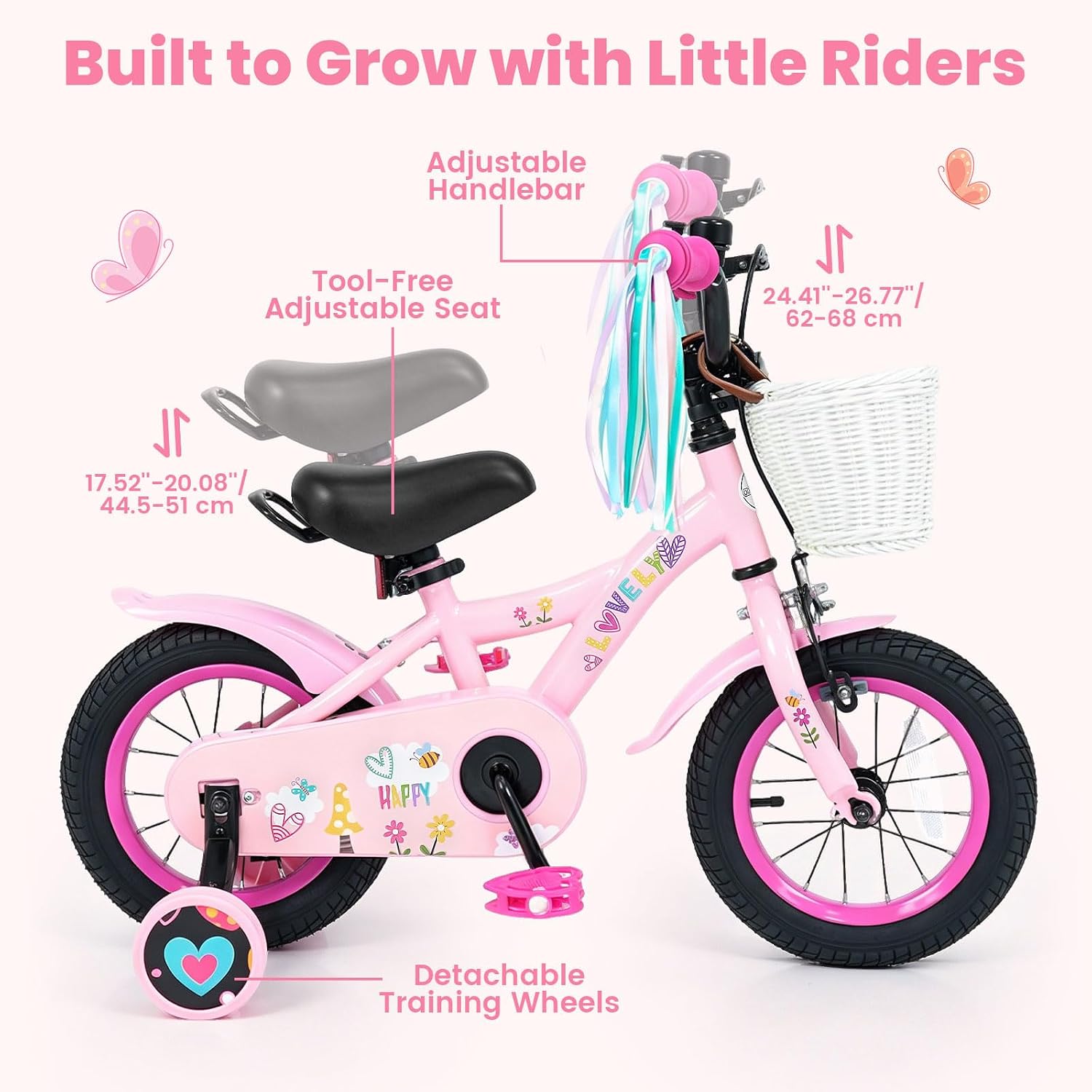 Olakids Kids Bike, 12 14 16 18 Inch Sweet Heart Theme Girls Bicycle with Training Wheels