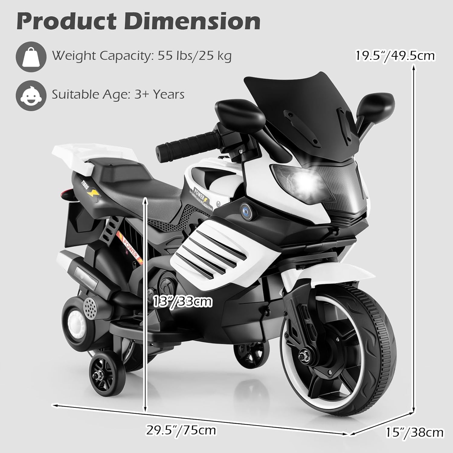 OLAKIDS 6V Kids Motorcycle with Training Wheels, Horn, Music, Headlight for Boys Girls Aged 3+ Years (White)