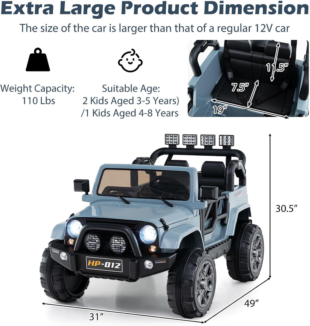OLAKIDS 2 Seater Ride on Truck, 12V Battery Powered Electric Vehicle for Kids with Remote Control