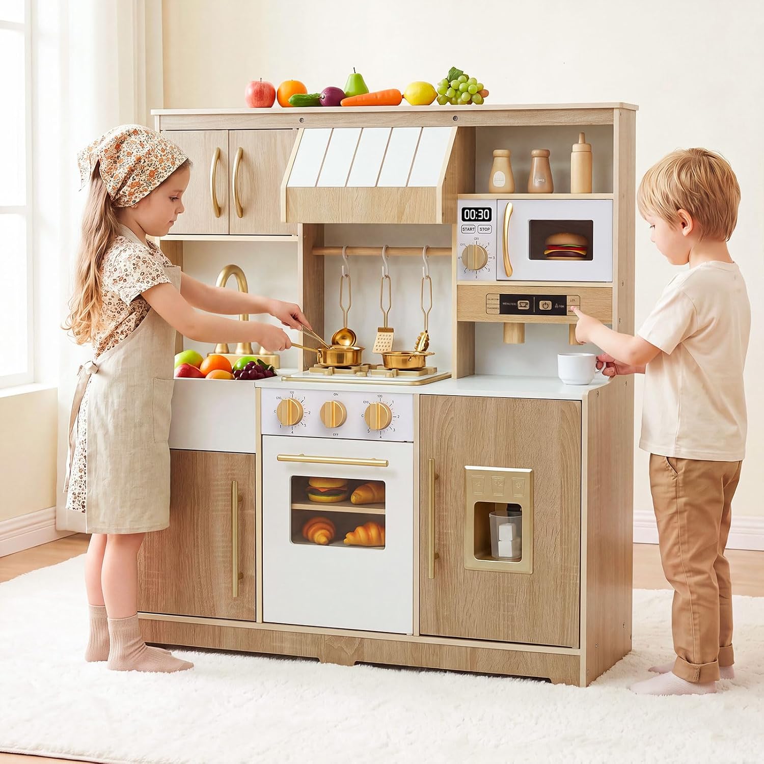 OLAKIDS Wooden Toy Kitchen Set with Lights Sounds Ice Machine Coffee Maker 12Pcs Accessories for Kids Ages 3+