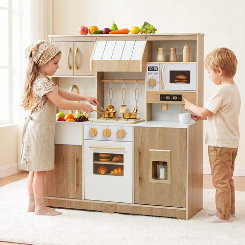 OLAKIDS Wooden Toy Kitchen Set with Lights Sounds Ice Machine Coffee Maker 12Pcs Accessories for Kids Ages 3+