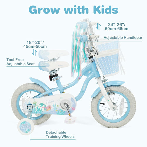 Olakids Kids Bike, 12 14 16 18 20 Inch Mermaid Theme Girls Bicycle with Training Wheels