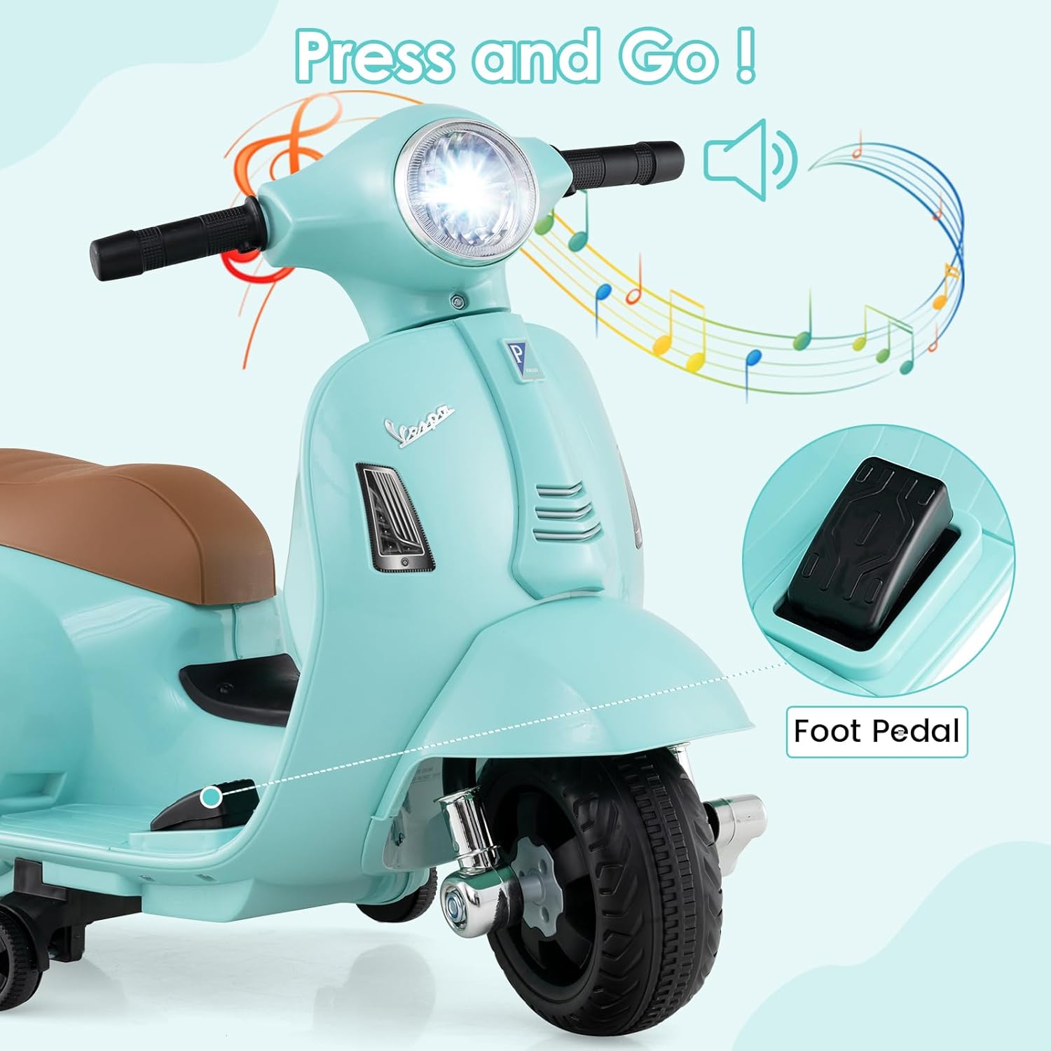 Licensed Vespa Scooter Kids Motorcycle by OLAKIDS, 6V Ride on Electric Motorcycle with Training Wheels