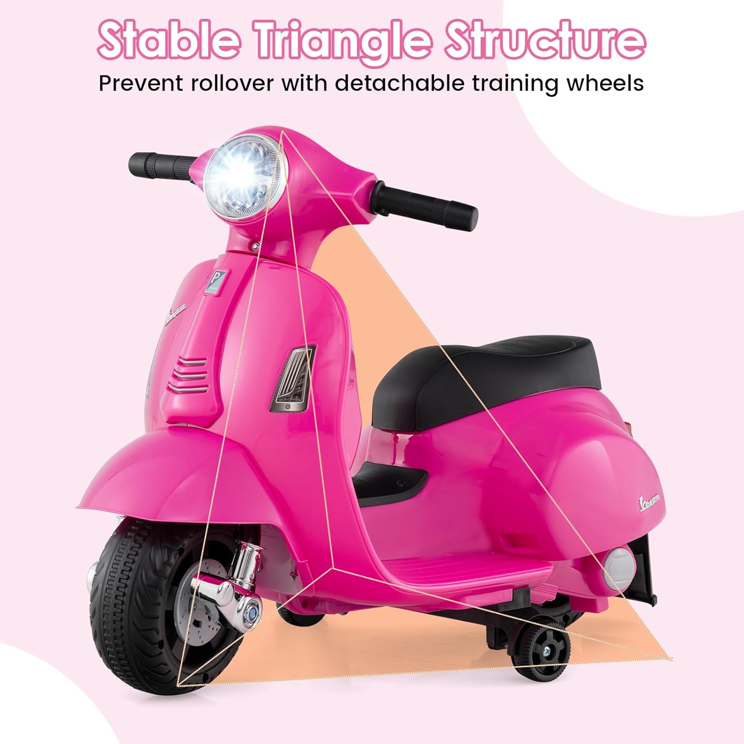 Licensed Vespa Scooter Kids Motorcycle by OLAKIDS, 6V Ride on Electric Motorcycle with Training Wheels