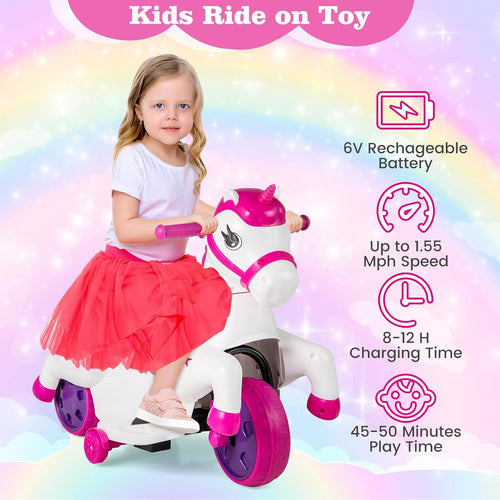 OLAKIDS 2 in 1 Ride on Motorcycle and Horse, Unicorn 6V Battery Powered Ride on Toy  Aged 3-6 Years