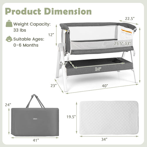INFANS Baby Bassinet Bedside Crib, Newborn Sleeping /Large Storage Basket, Adjustable Heights & Angle, Easy Moving Bed Side