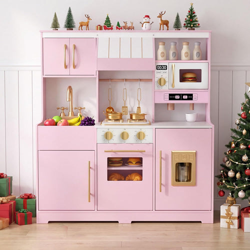 OLAKIDS Wooden Toy Kitchen Set with Lights Sounds Ice Machine Coffee Maker 12Pcs Accessories for Kids Ages 3+