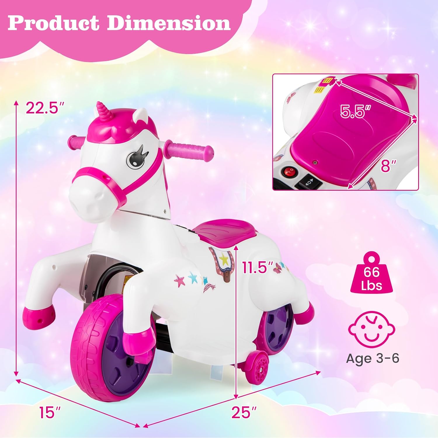 OLAKIDS 2 in 1 Ride on Motorcycle and Horse, Unicorn 6V Battery Powered Ride on Toy  Aged 3-6 Years