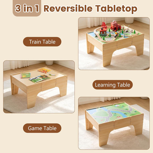 OLAKIDS Train Table, 63 PCS Wooden Kids Activity Toy with Storage Drawer