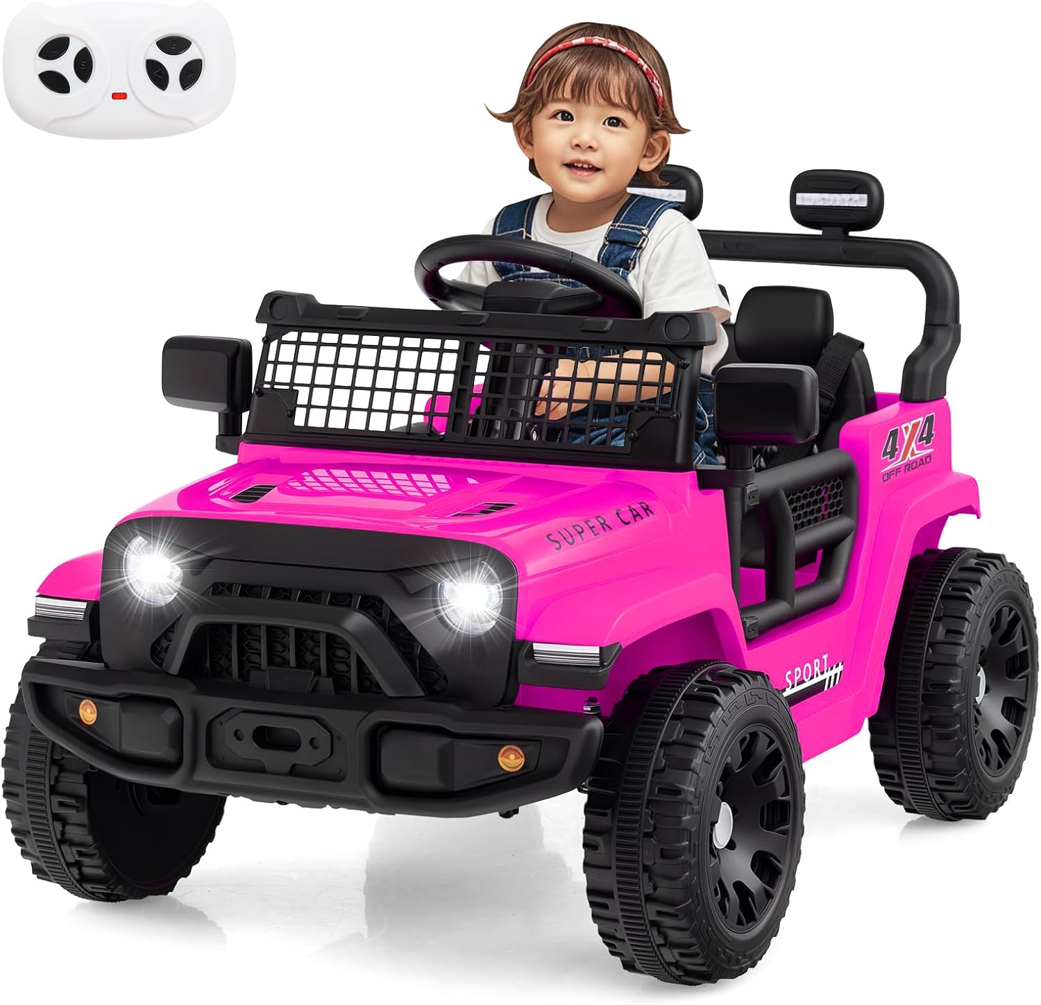 OLAKIDS 12V Ride On Truck, Battery Powered Electric Vehicle for Kids with Remote Control, Foldable Reflective Mirror, Spring Suspension, Music, LED Lights, Ride on Toy for 3+ Boys Girls