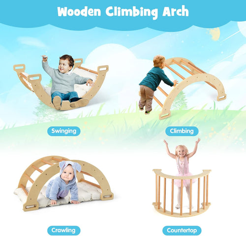 OLAKIDS Wooden Arch Climber Rocker with Soft Cushion, 4 in 1 Montessori Climbing Ladder Toys for Toddlers