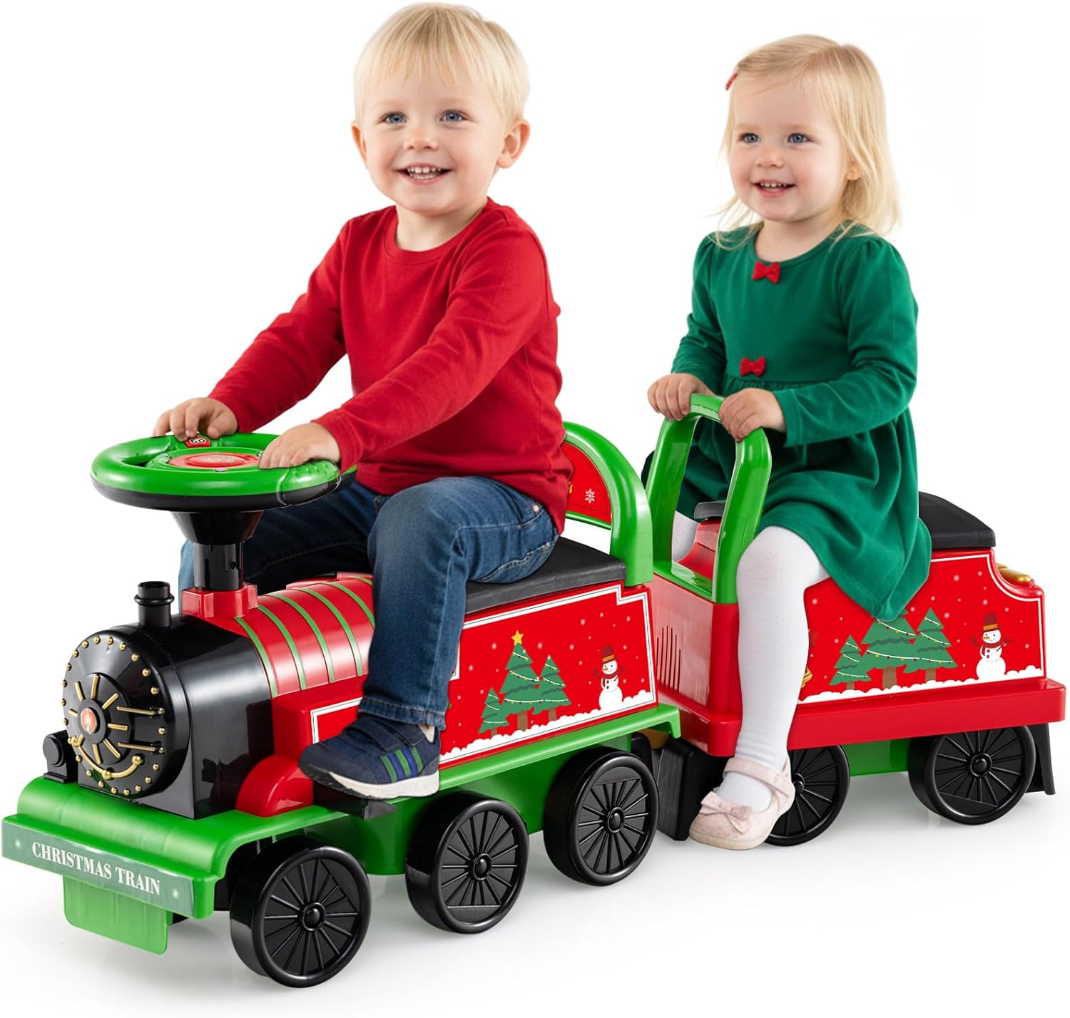 OLAKIDS 6V 2-Seater Ride on Train with Carriage, Storage, Train Whistle, Music, Lights for 18 Months+