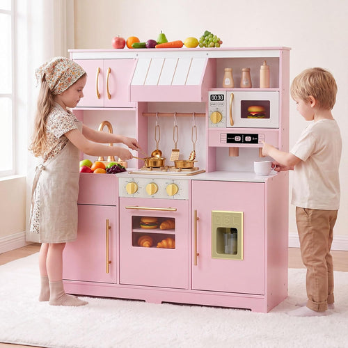 OLAKIDS Wooden Toy Kitchen Set with Lights Sounds Ice Machine Coffee Maker 12Pcs Accessories for Kids Ages 3+