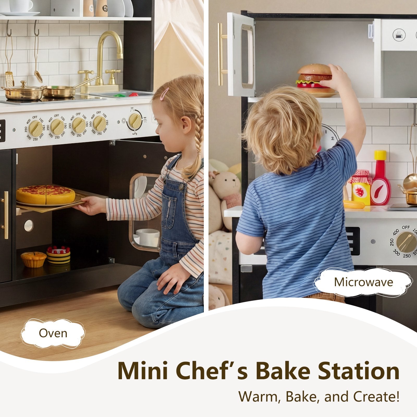 OLAKIDS Wooden Play Kitchen with Lights, Sounds, Dishwasher & Coffee Machine, Pretend Cooking Set for Ages 3+