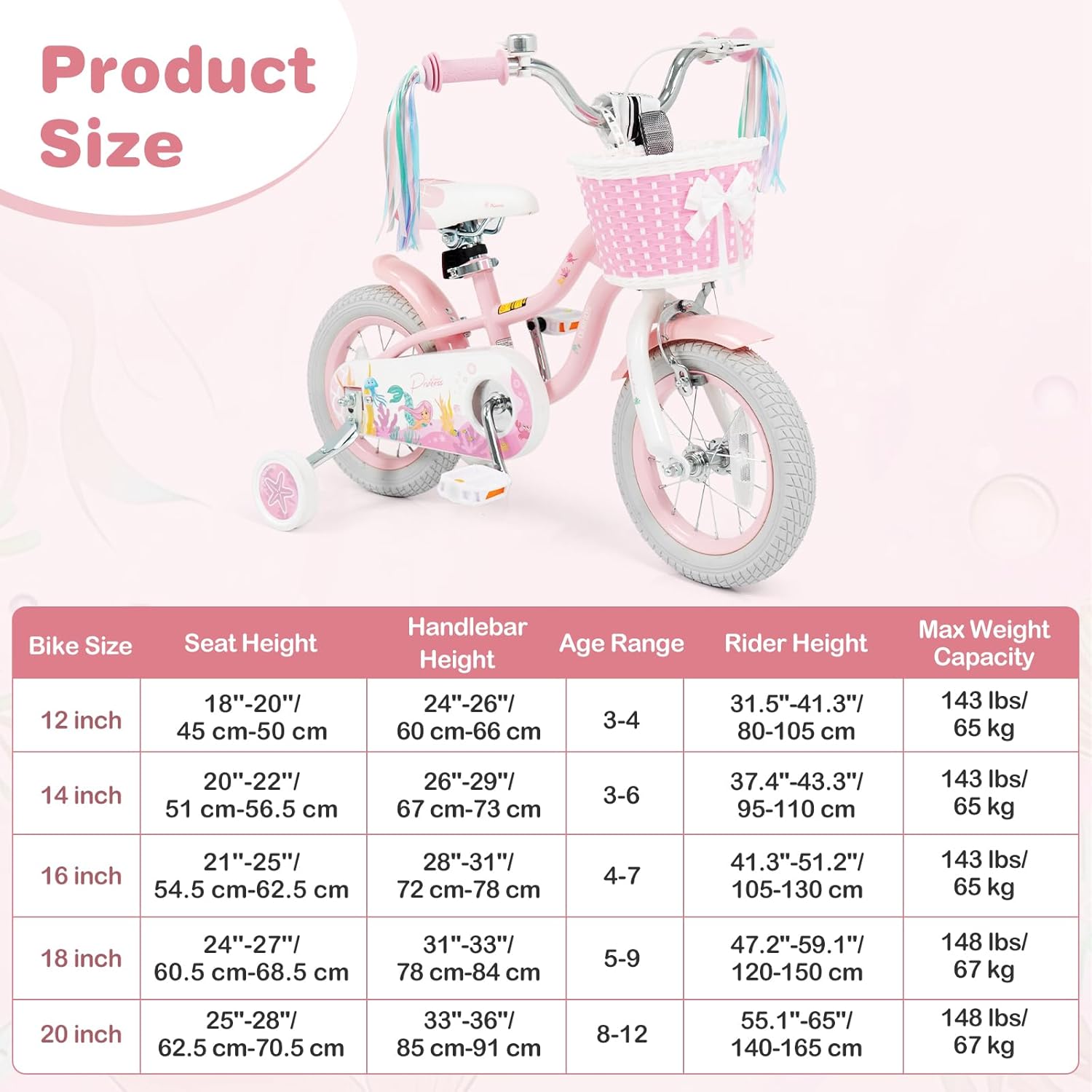 Olakids Kids Bike, 12 14 16 18 20 Inch Mermaid Theme Girls Bicycle with Training Wheels