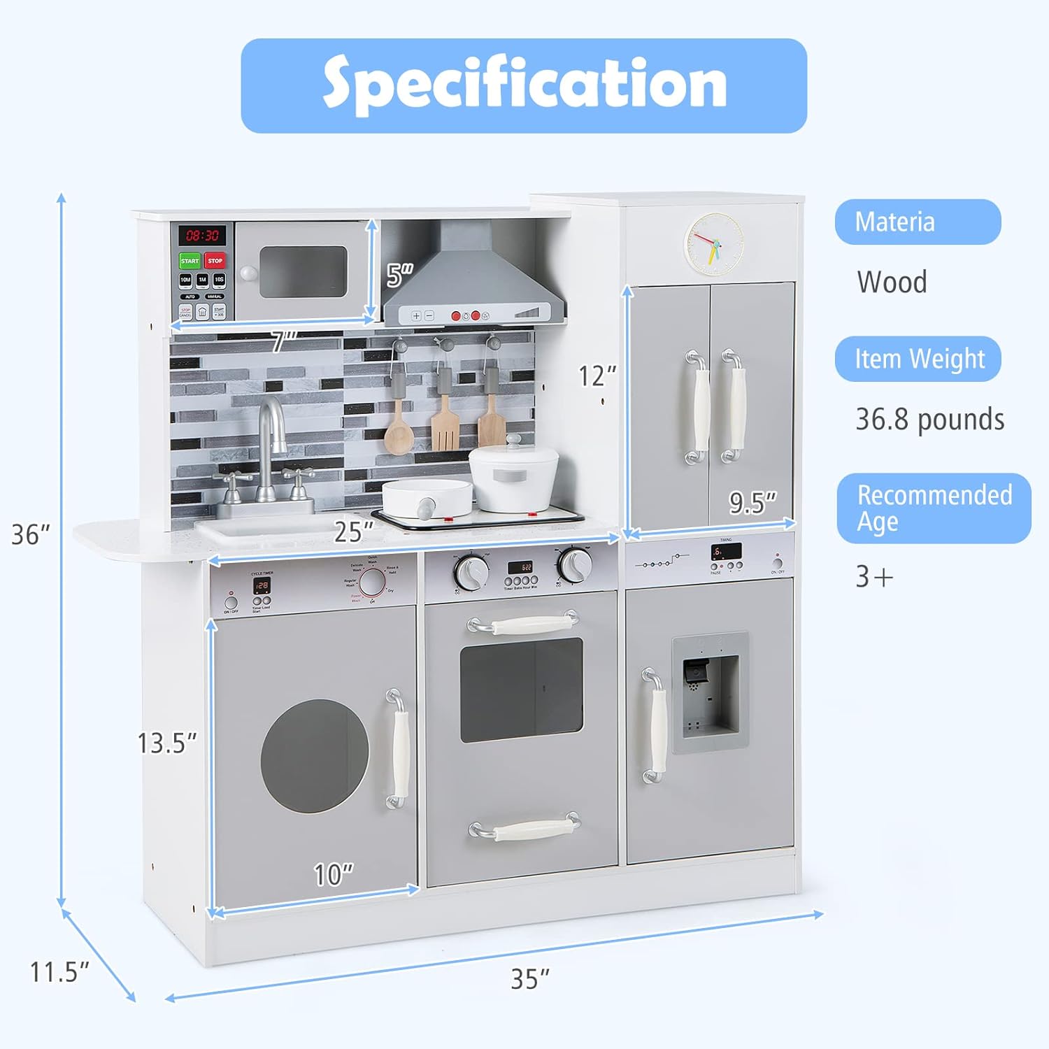 OLAKIDS Wooden Pretend Kitchen Playset for Toddlers with Realistic Light, Sound, Microwave & Storage Cabinet