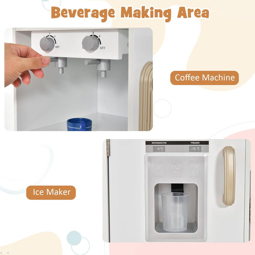 OLAKIDS Wooden Toddler Kitchen Playset with Lights, Coffee Maker, Ice Maker, Stove, Sink, Microwave and 2 Storage Bins