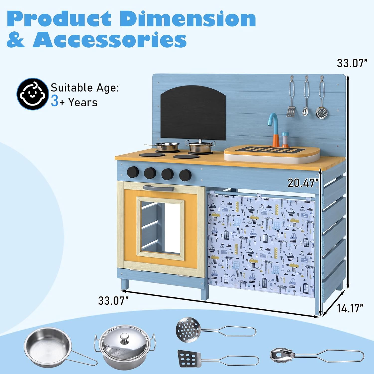 OLAKIDS Wooden Outdoor Mud Kitchen with Sink, Chalkboard & Stove for Kids