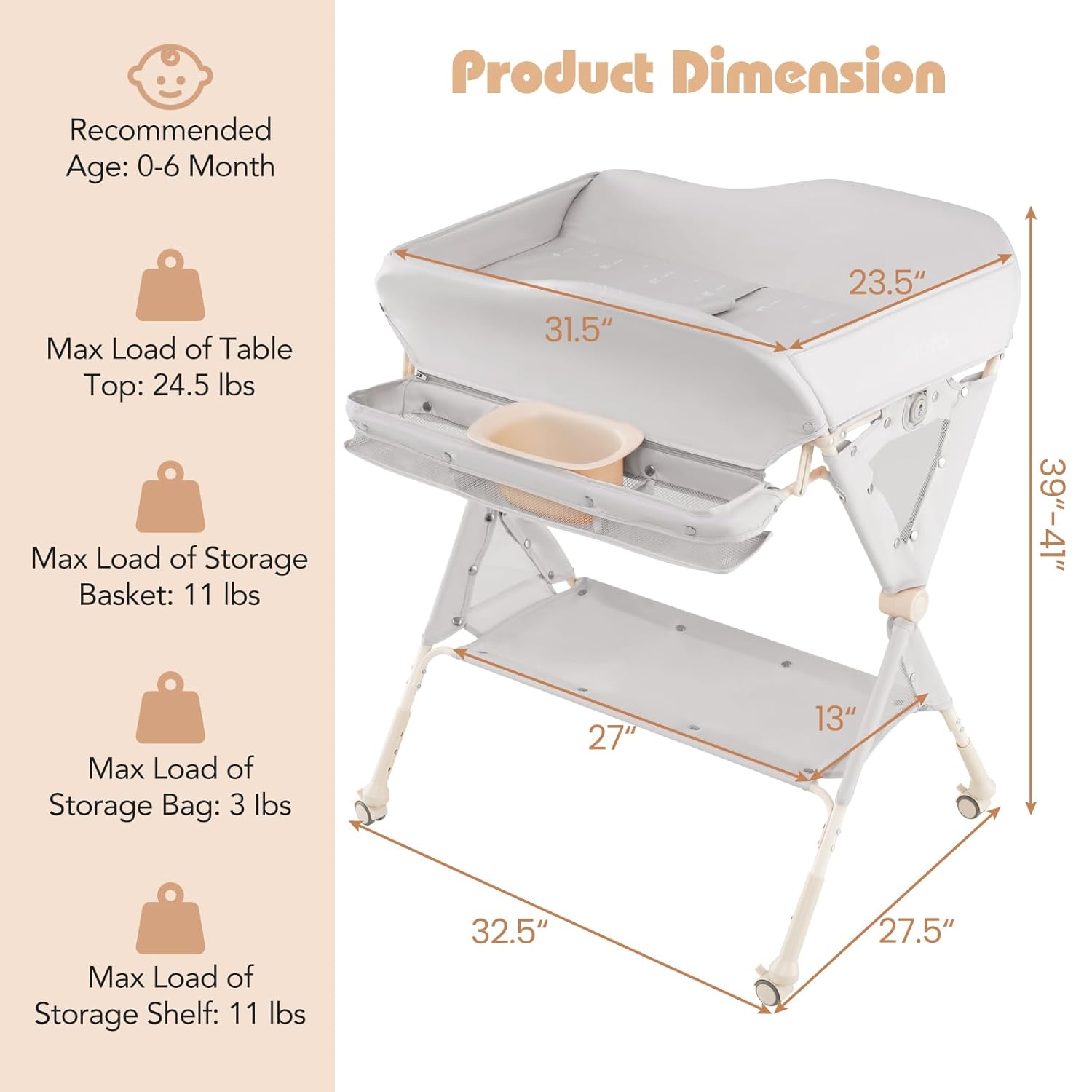 INFANS Baby Changing Table with Wheels, Portable Folding Diaper Station Nursery Organizer with Storage Basket, Hanging Rack, Adjustable Height, Safety Belt for Newborn Infant