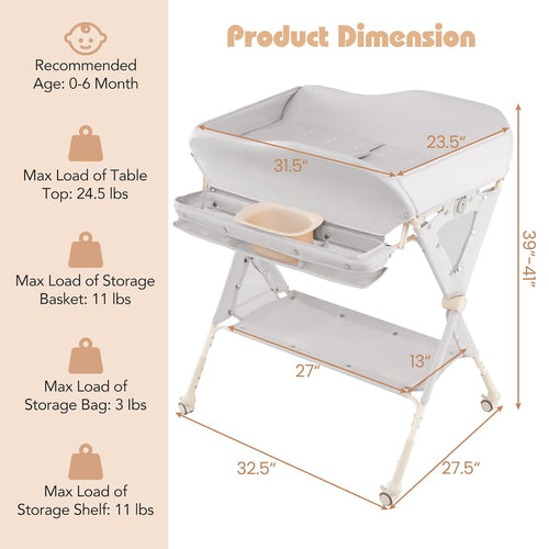 INFANS Baby Changing Table with Wheels, Portable Folding Diaper Station Nursery Organizer with Storage Basket, Hanging Rack, Adjustable Height, Safety Belt for Newborn Infant