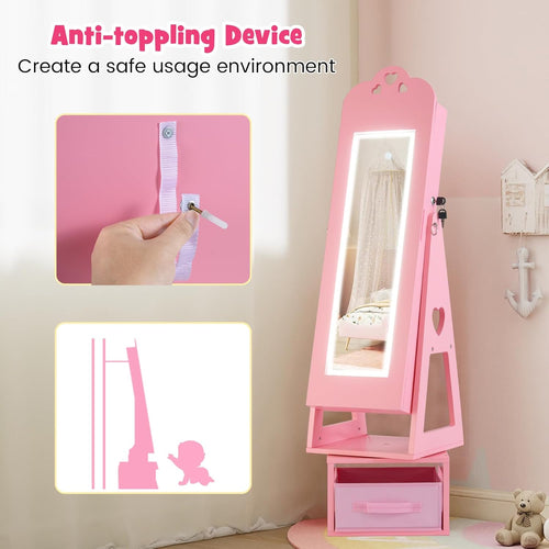 OLAKIDS Kids Jewelry Armoire Cabinet, 360° Swivel Lockable Standing Makeup Organizer