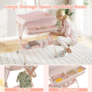 INFANS Baby Changing Table with Wheels, Portable Folding Diaper Station Nursery Organizer with Storage Basket, Hanging Rack, Adjustable Height, Safety Belt for Newborn Infant