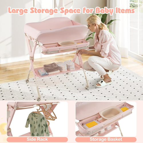 INFANS Baby Changing Table with Wheels, Portable Folding Diaper Station Nursery Organizer with Storage Basket, Hanging Rack, Adjustable Height, Safety Belt for Newborn Infant