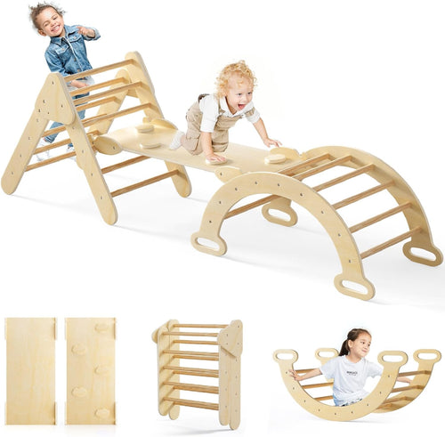 Olakids Pikler Triangle Set 7 in 1 Climbing Toys for 1-3 Inside Foldable Wood Montessori Jungle Gym