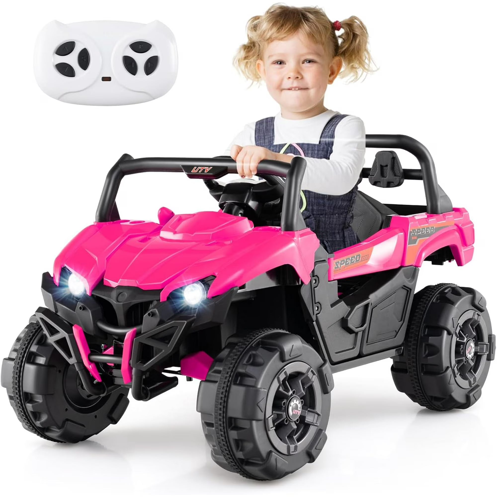 OLAKIDS 12V Ride on UTV, Battery Powered Off-Road Kids Electric Vehicles with Remote Control, Music, Horn, MP3, Lights, 3 Speeds, Soft Start, Ride on Truck for 3+ Boys Girls