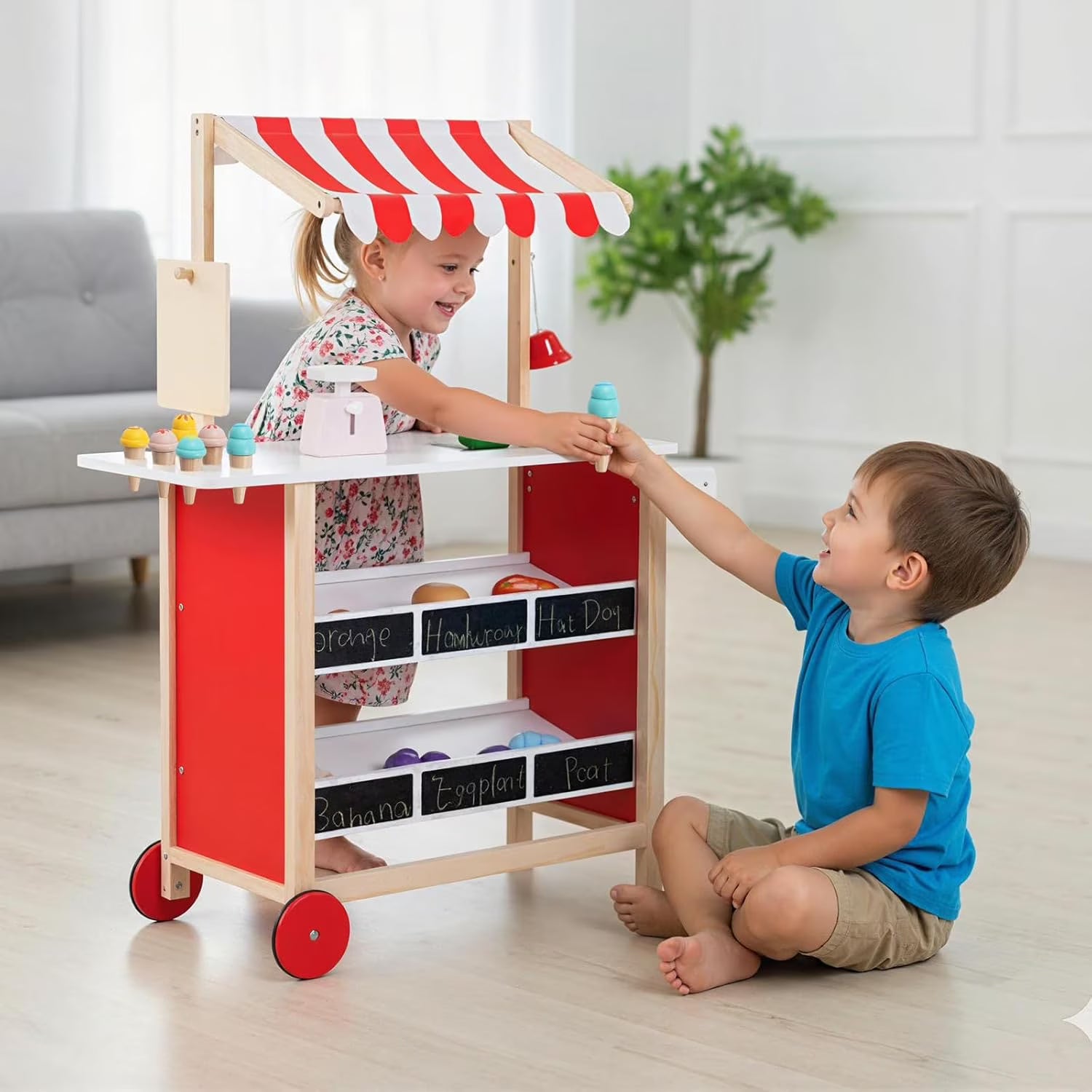 OLAKIDS Wooden Grocery Store Marketplace Toy, Supermarket Pretend Play, Extra Storage 6 Ice Creams Scales Bells Chalkboards, Fun Indoor Farmer's Market Stand Set Gift for Ages 3+