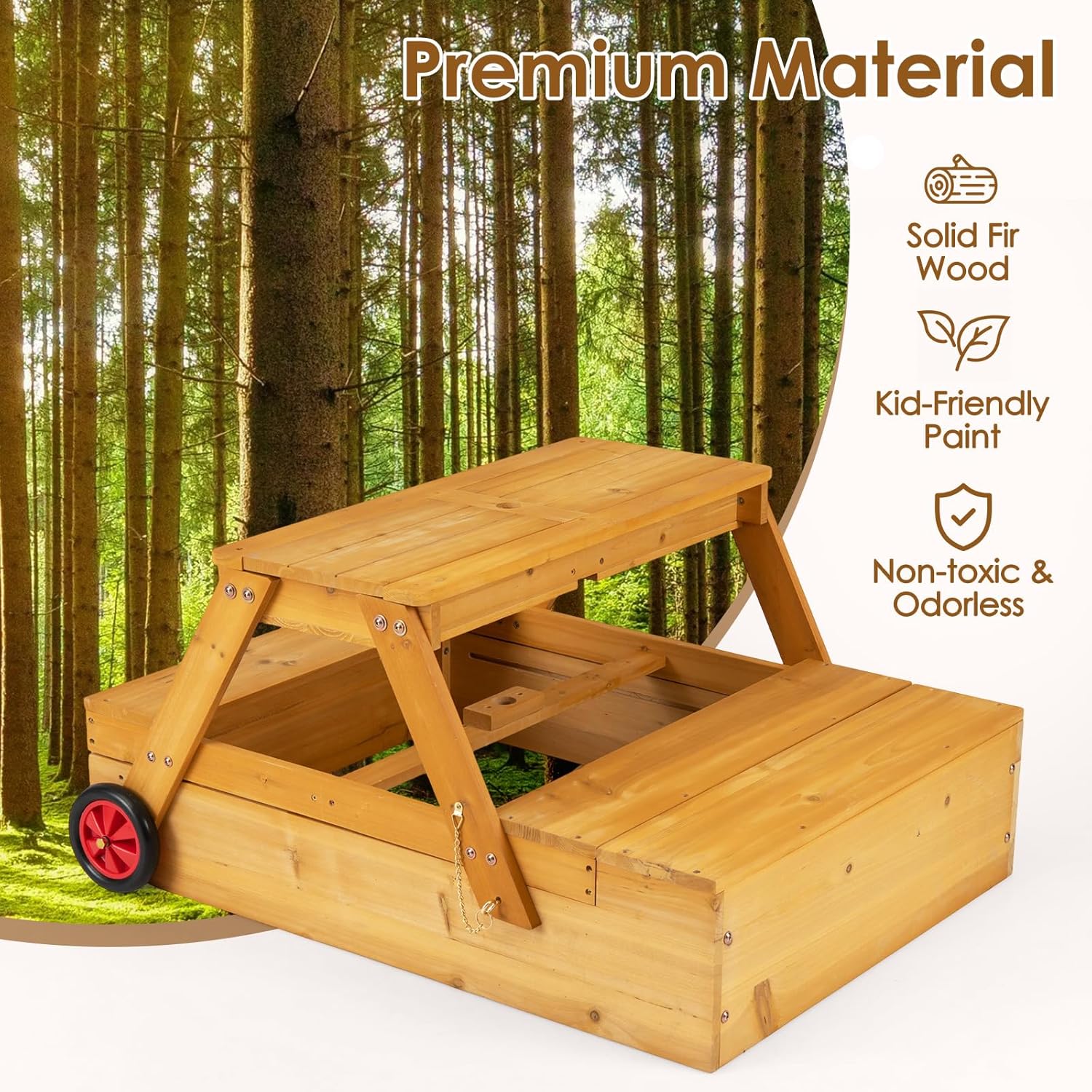 OLAKIDS 3-in-1 Wooden Kids Picnic Table, Outdoor Sandbox with Lid, Benches, Wheels, Storage & Adjustable Umbrella
