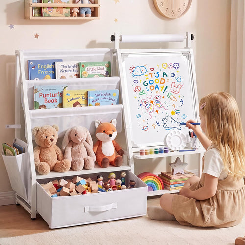 OLAKIDS 4 in 1 Easel for Kids, Toddler Bookshelf and Toy Storage Organizer