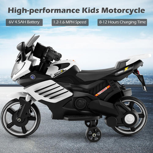 OLAKIDS 6V Kids Motorcycle with Training Wheels, Horn, Music, Headlight for Boys Girls Aged 3+ Years (White)