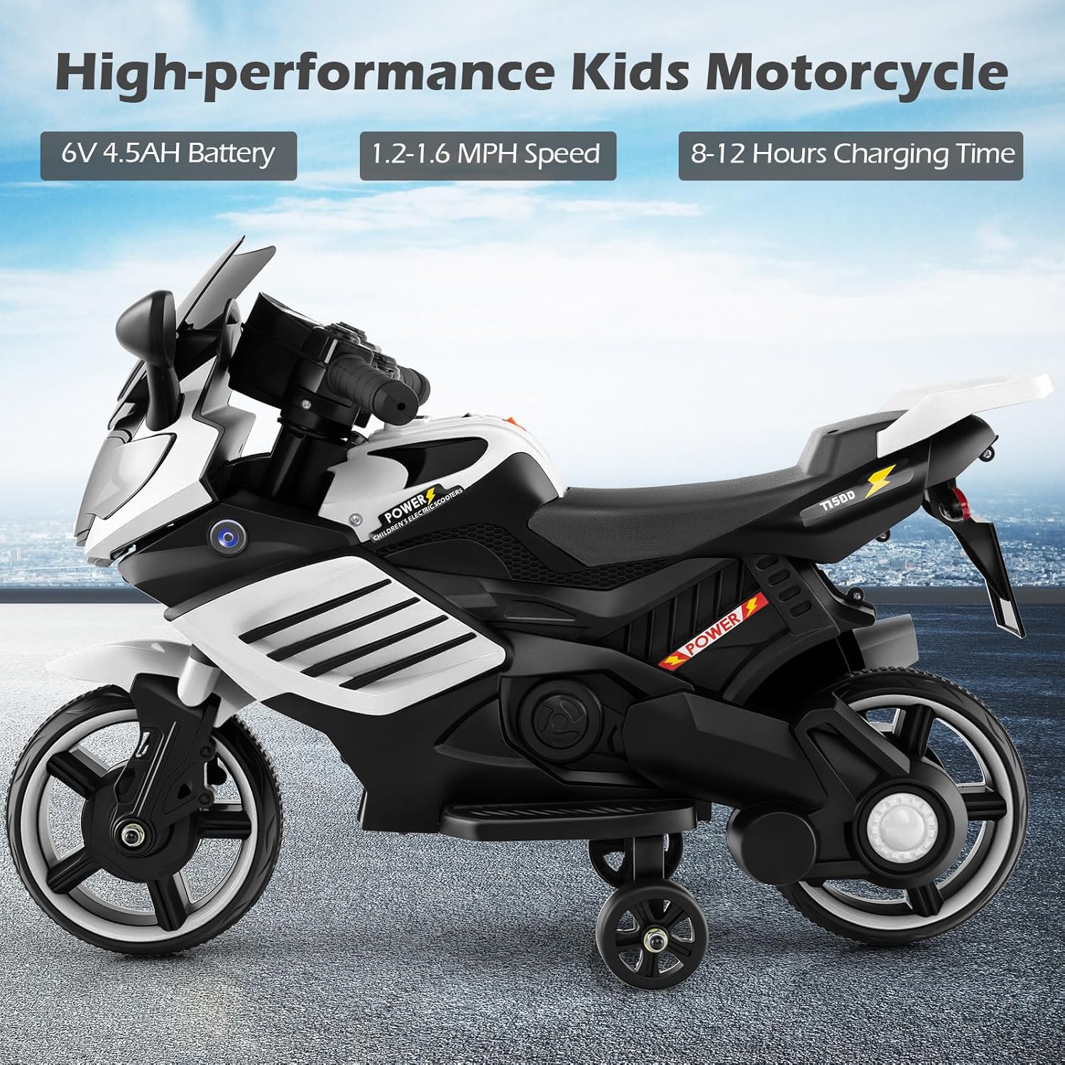 OLAKIDS 6V Kids Motorcycle with Training Wheels,for Boys Girls Aged 3+ Years