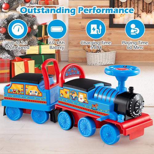 OLAKIDS 6V 2-Seater Ride on Train with Carriage, Storage, Train Whistle, Music, Lights for 18 Months+