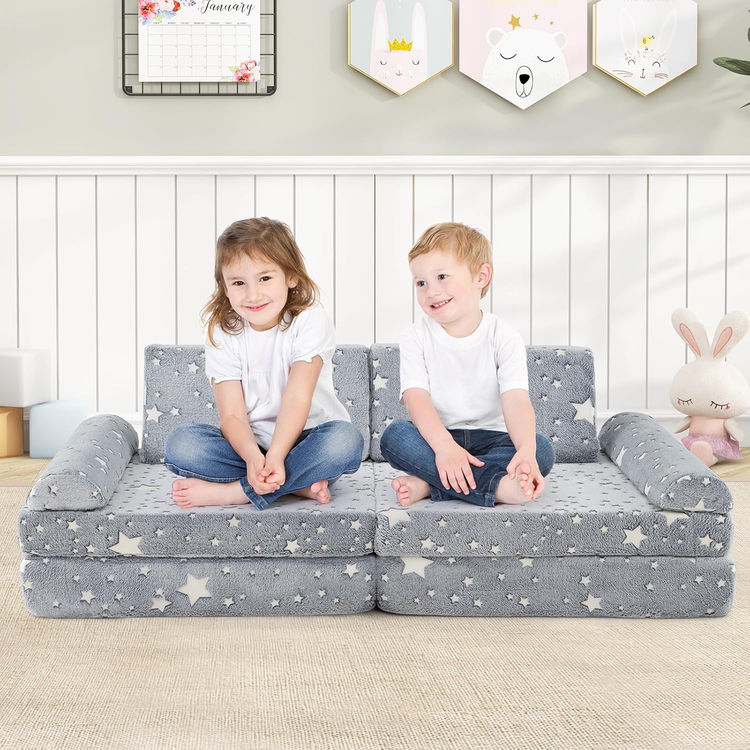 INFANS Modular Kids Play Couch, 8 PCS Fluorescent Toddler Creative Sectional Fort Building Sofa for Playroom, Bedroom