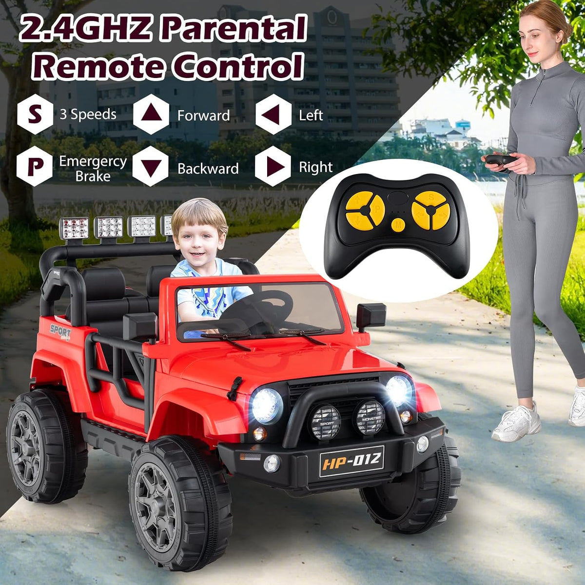 OLAKIDS 2 Seater Ride on Truck, 12V Battery Powered Electric Vehicle for Kids with Remote Control