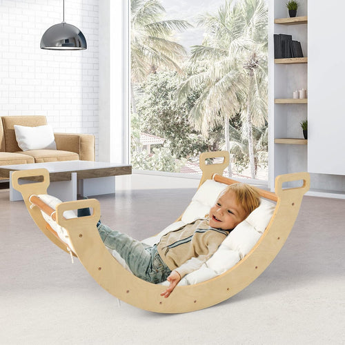 OLAKIDS Wooden Arch Climber Rocker with Soft Cushion, 4 in 1 Montessori Climbing Ladder Toys for Toddlers