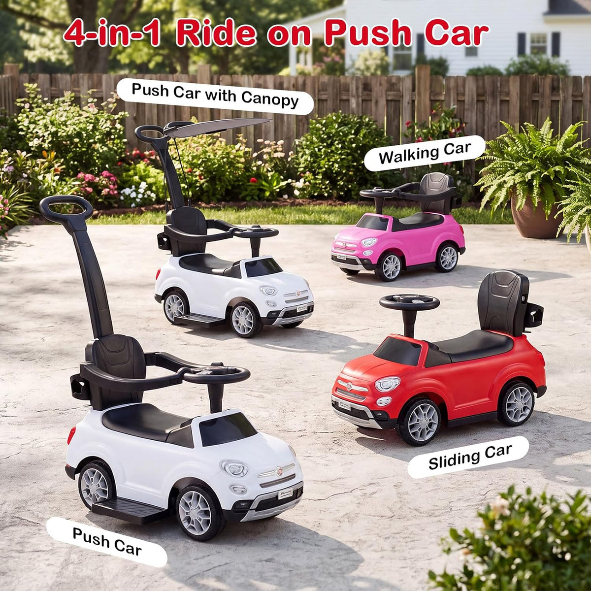 OLAKIDS Licensed Fiat 500X Push Car for Toddlers 4 in 1 Kids Ride on Toys